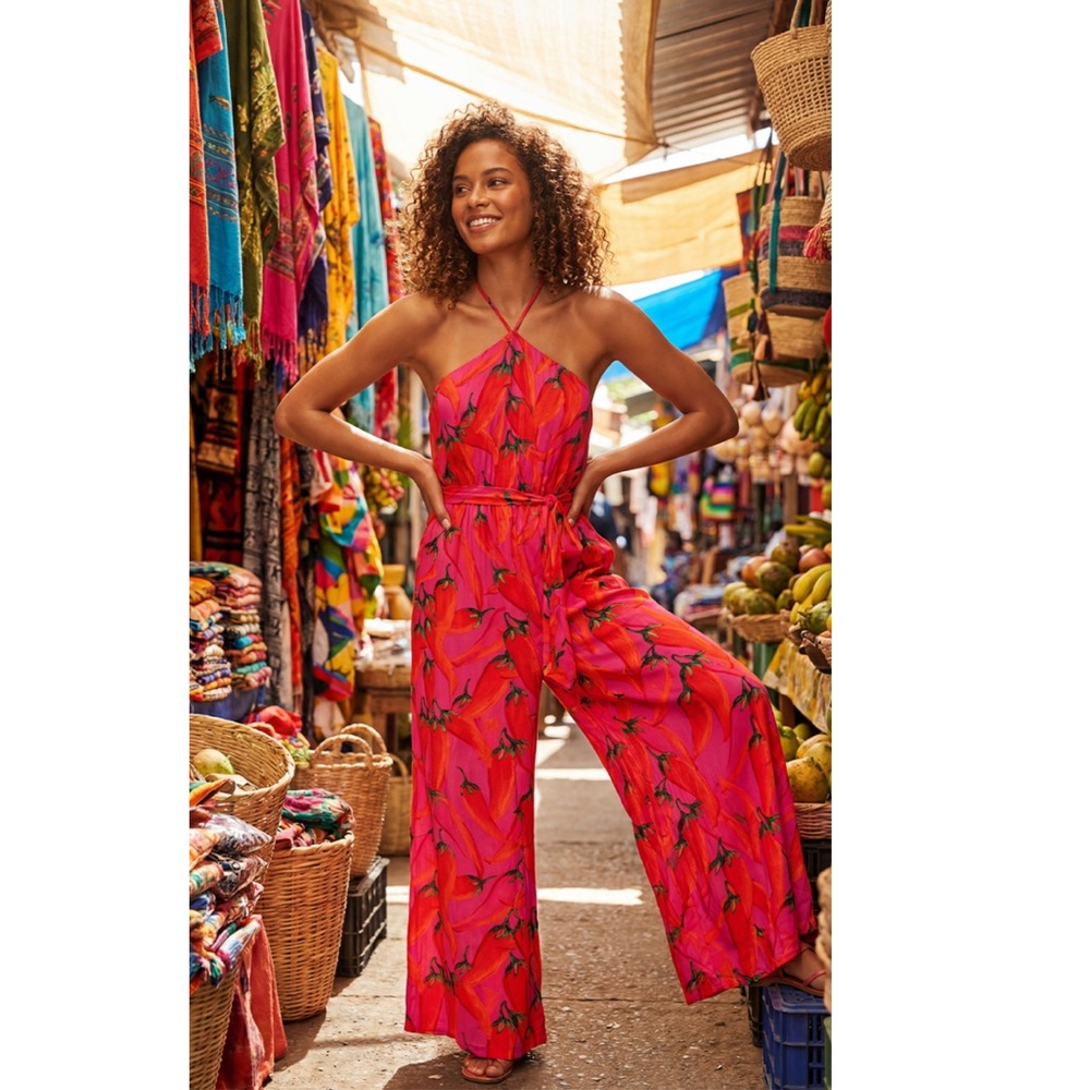 FARM Rio x Anthropologie Chili Pepper Halter Jumpsuit Size Small NWT in Pink Red - Picture 7 of 16